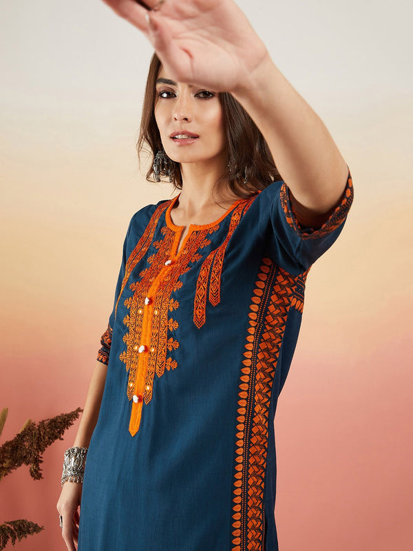 Navy Blue Ethnic Motifs Embroidered Thread Work Straight Kurta