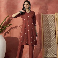 Floral Embroidered V-Neck Straight Pure Cotton Kurta With Trousers Plus Size Kurta Set