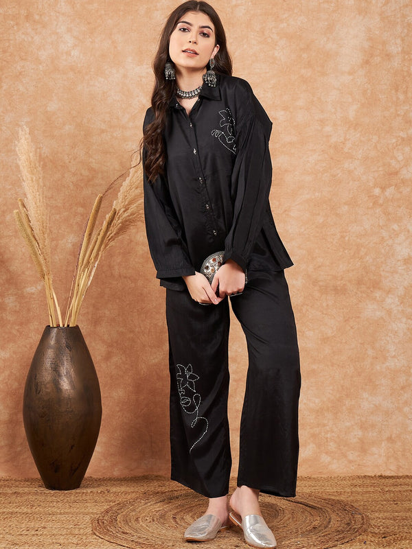 Embroidered Viscose Silk Oversized Shirt With Palazzo Co-Ords