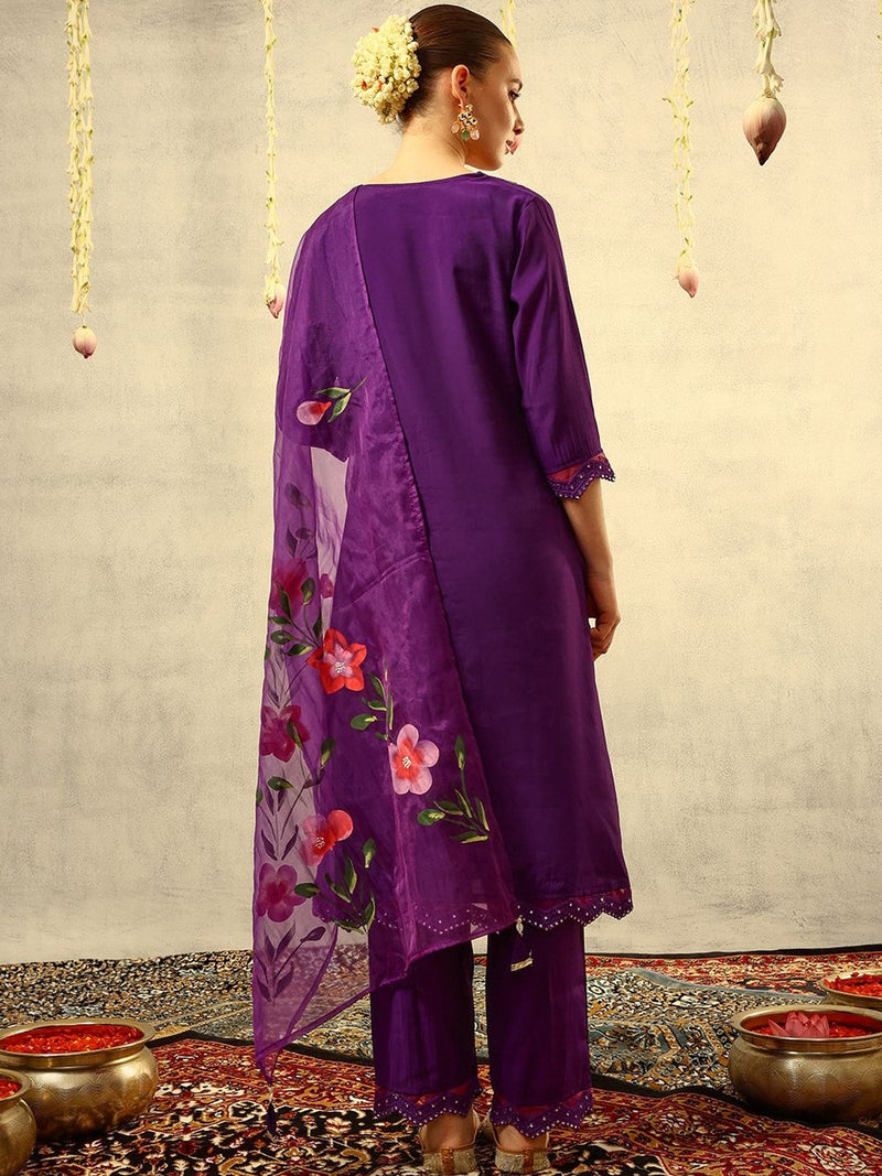 Mirror & Thread Embroidered Festive Kurta With Trouser & Dupatta Kurta Set