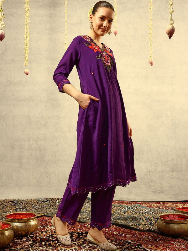Mirror & Thread Embroidered Festive Kurta With Trouser & Dupatta Kurta Set