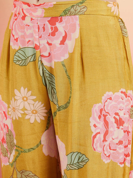 Floral Printed Shirt Collar Mirror Work Pathani Kurta & Trousers