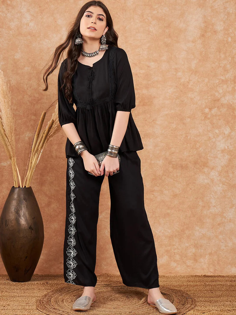 Embellished Lace Up Detail Top & Palazzo Co-Ords Set