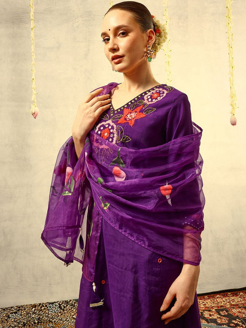 Mirror & Thread Embroidered Festive Kurta With Trouser & Dupatta Kurta Set