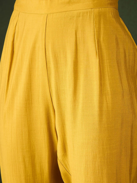 Yellow Geometric Embroidered Mirror Work Roman Silk Kurta With Trouser