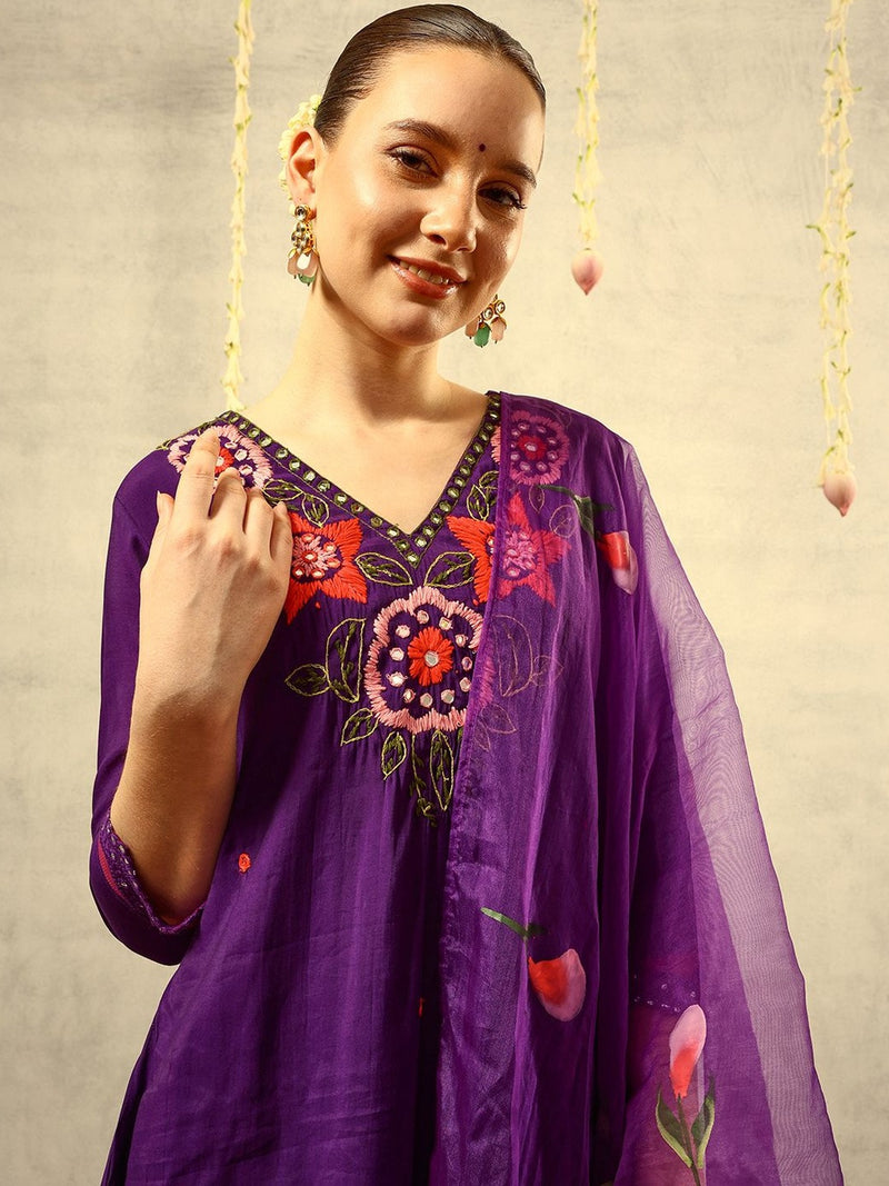 Mirror & Thread Embroidered Festive Kurta With Trouser & Dupatta Kurta Set