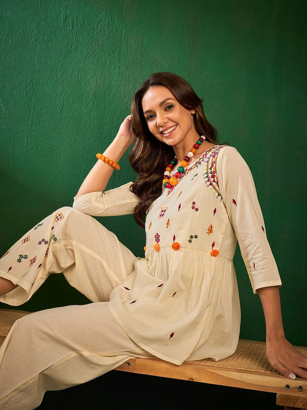 Embroidered Pure Cotton Top With Palazzos Co-Ords