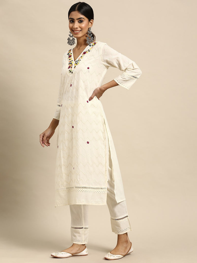 Off White Embroidered  Pure Cotton Kurta with Trousers & Dupatta