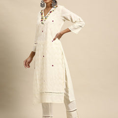 Off White Embroidered  Pure Cotton Kurta with Trousers & Dupatta