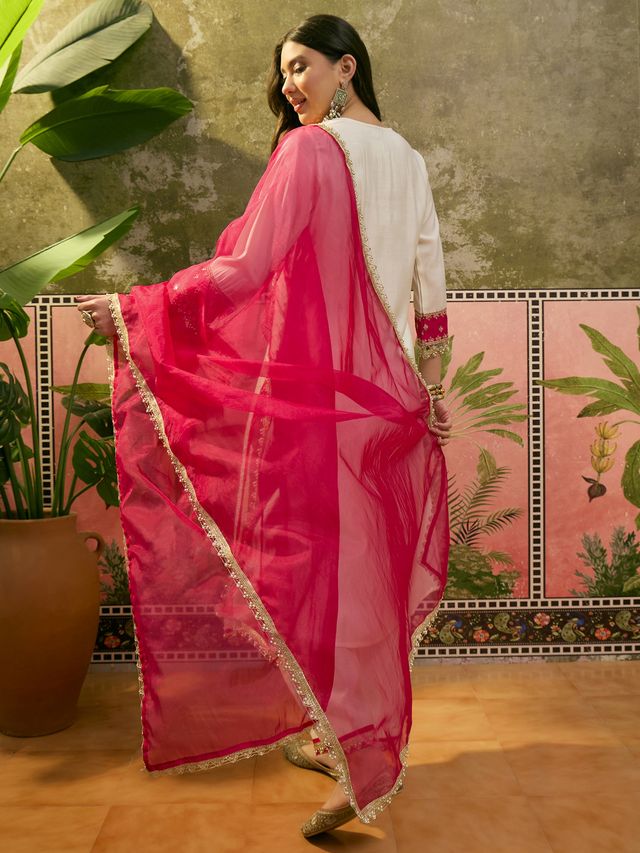 Floral Embroidered & Mirror Work Straight Kurta With & Trousers & Dupatta