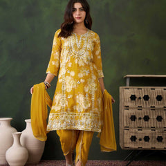 Floral Embroidered Round Neck Kurta With Dhoti Pants And Dupatta