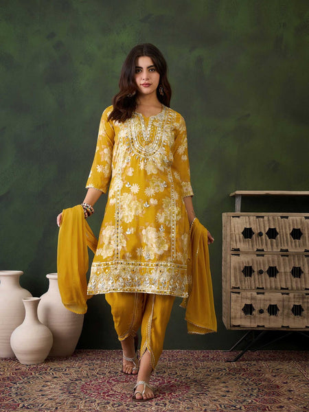 Yellow Floral Printed Gotta Patti Sweetheart Neck Kurta With Dhoti Pants & Dupatta