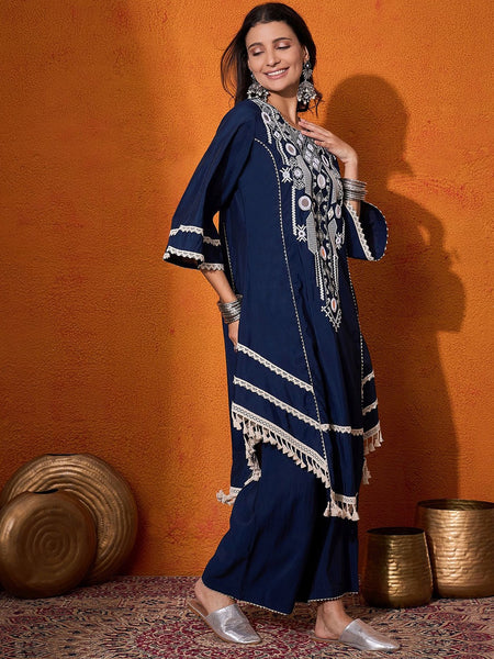 Floral Embroidered Mirror Work Regular A-Line Kurta Sets