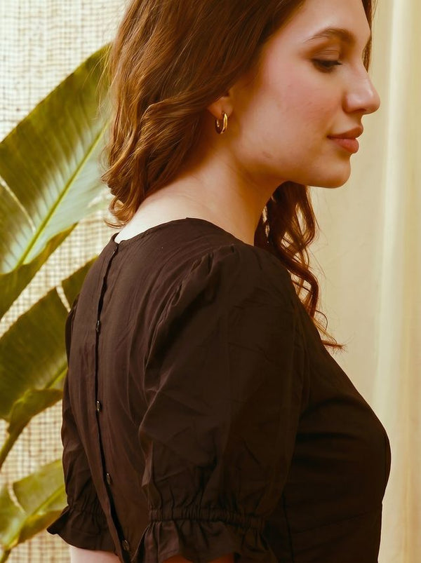 Black Solid Puff Sleeve Top
