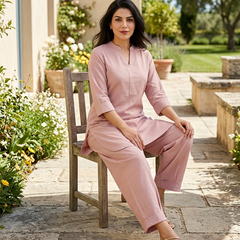 Beige Mandarin Collar Pure Cotton Tunic With Trousers Kurta Set