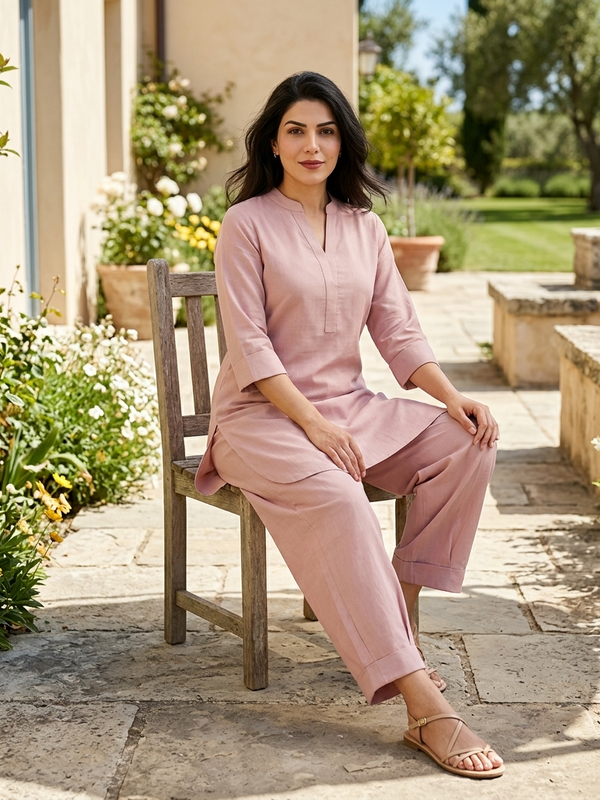 Beige Mandarin Collar Pure Cotton Tunic With Trousers Kurta Set