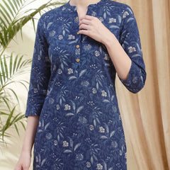 Indigo Blue Ethnic Motif Print Straight Short Kurtis