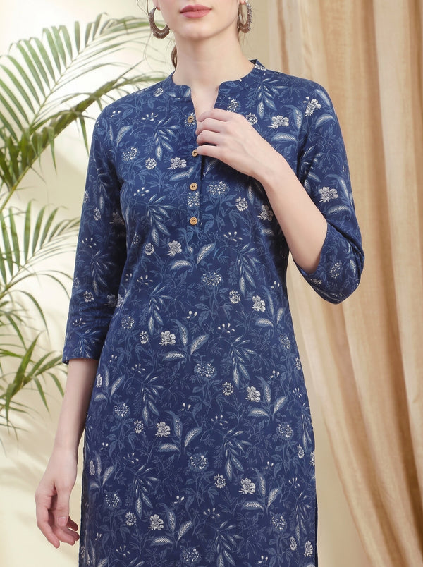 Indigo Blue Ethnic Motif Print Straight Short Kurtis