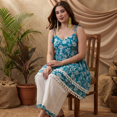 Firozi Floral Print Shoulder Straps A-Line Kurta With Palazzo Kurta Set