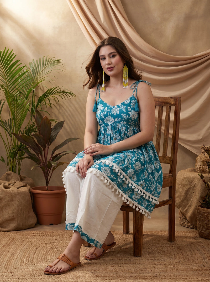 Firozi Floral Print Shoulder Straps A-Line Kurta With Palazzo Kurta Set