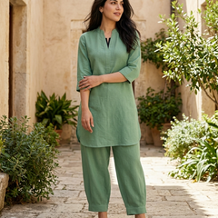 Beige Mandarin Collar Pure Cotton Tunic With Trousers Kurta Set