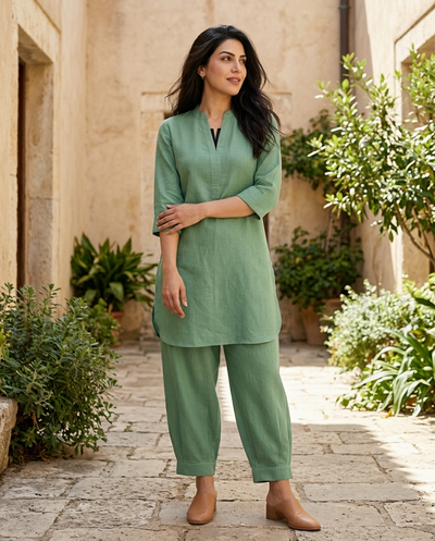 Mint Green Mandarin Collar Pure Cotton Tunic With Trousers Kurta Set