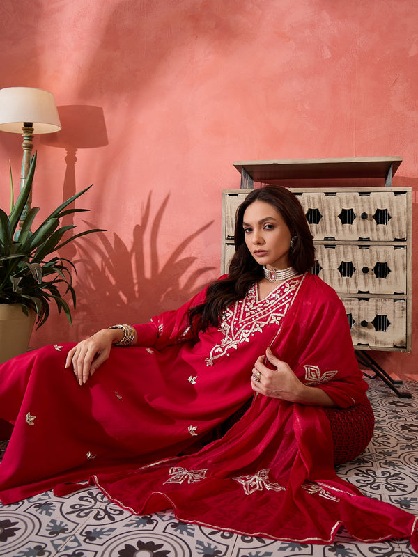 Red Embroidered Gotta Patti Kurta with Trousers & Dupatta Kurta Set