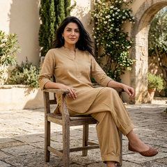 Beige Mandarin Collar Pure Cotton Tunic With Trousers Kurta Set