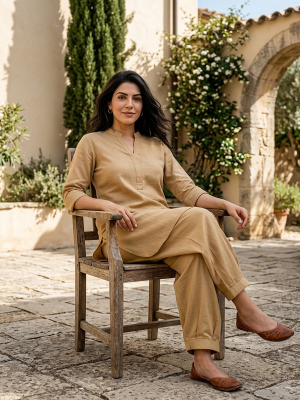 Beige Mandarin Collar Pure Cotton Tunic With Trousers Kurta Set