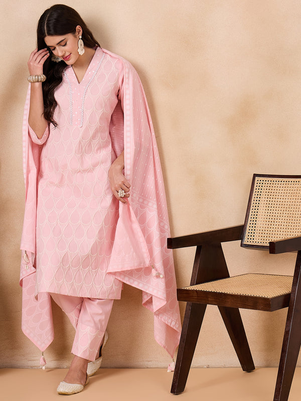Floral Embroidered Regular Thread Work Pure Cotton Kurta with Trousers & With Dupatta