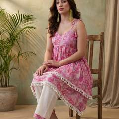 Firozi Floral Print Shoulder Straps A-Line Kurta With Palazzo Kurta Set