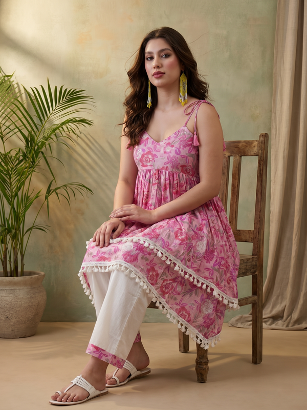 Floral Print Shoulder Straps A-Line Kurta With Palazzo Kurta Set