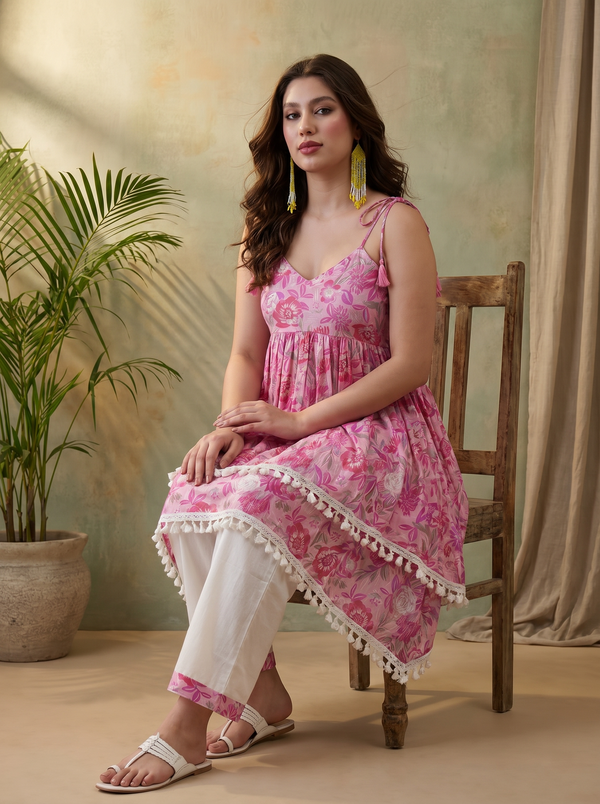 Light Pink Floral Print Shoulder Straps A-Line Kurta With Palazzo Kurta Set