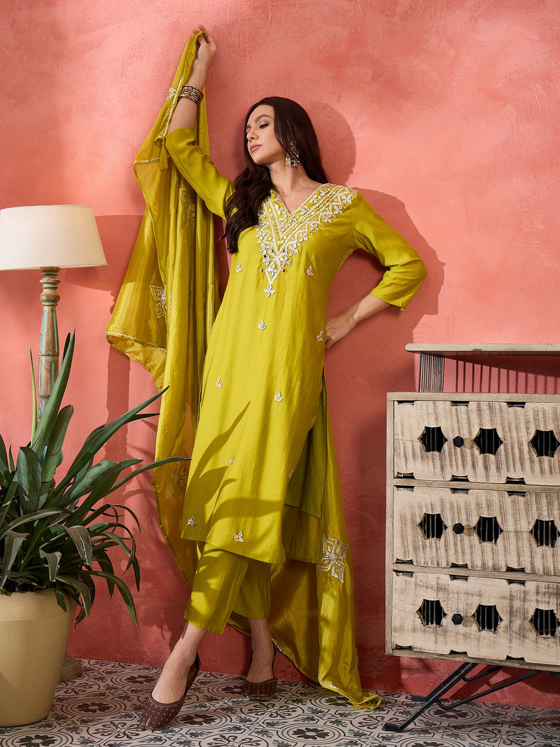Green Embroidered Gotta Patti Kurta with Trousers & Dupatta Kurta Set