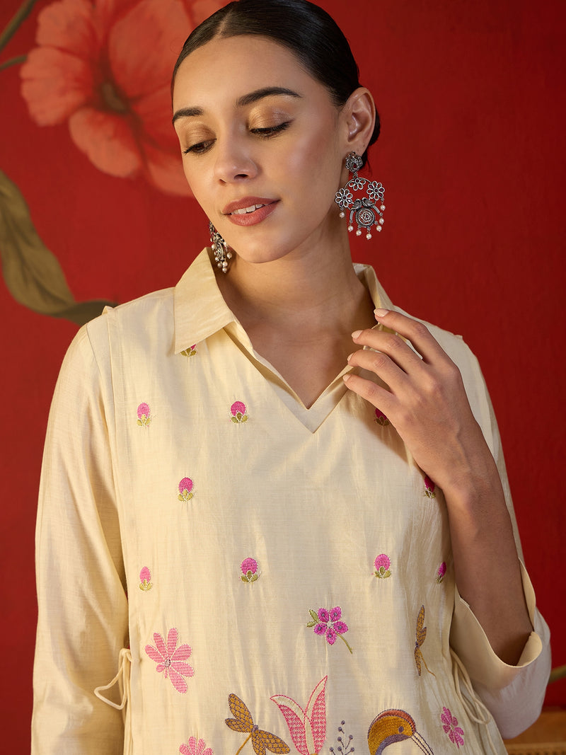Off White Floral Embroidered & Mirror Work Tunic With Jacket And Trouser Co-Ords Set