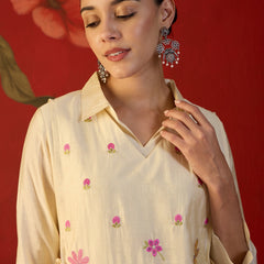 Off White Floral Embroidered & Mirror Work Tunic With Jacket And Trouser Co-Ords Set
