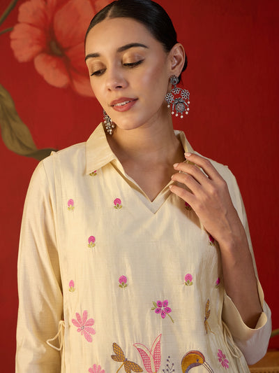Off White Floral Embroidered & Mirror Work Tunic With Jacket And Trouser Co-Ords Set