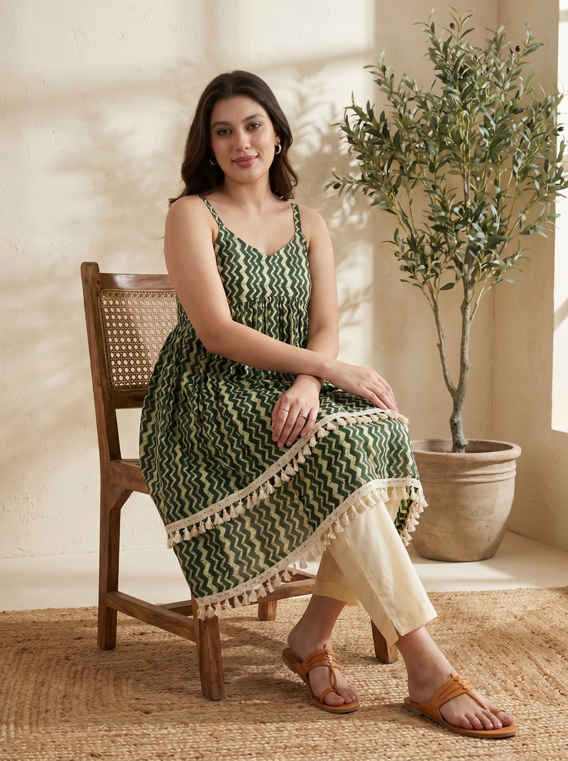 Green Ethnic Motif Print Shoulder Straps A-Line Kurta With Palazzo Kurta Set
