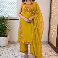 Mustard Embroidered Shoulder Straps Straight Kurta With Trouser & Dupatta Kurta Set