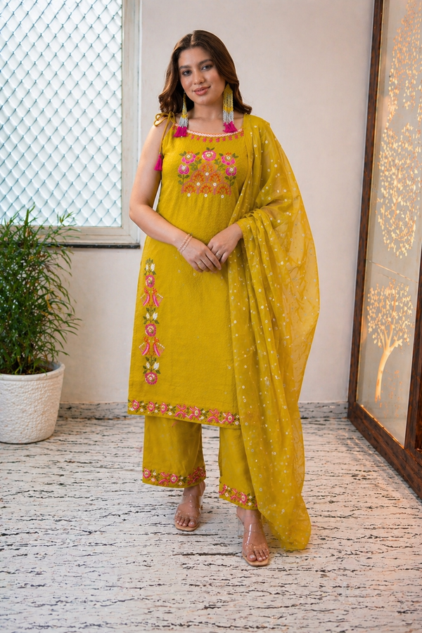 Mustard Embroidered Shoulder Straps Straight Kurta With Trouser & Dupatta Kurta Set
