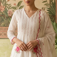 Floral Print & Embroidered Straight Kurta With Trousers & Dupatta