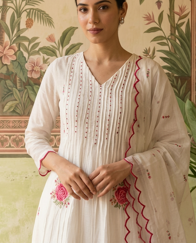 Floral Print & Embroidered Straight Kurta With Trousers & Dupatta