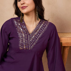 Ethnic Motifs Yoke Design & Sequinned  A-Line Kurta With Dhoti Pants Kurta Set