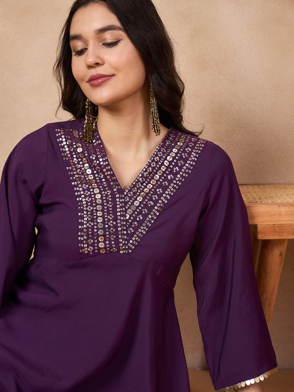 Ethnic Motifs Yoke Design & Sequinned  A-Line Kurta With Dhoti Pants Kurta Set