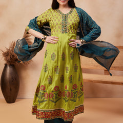 Green Floral Print Anarkali  Kurta with Palazzo & Dupatta Kurta Set