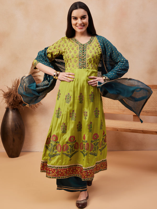 Green Floral Print Anarkali  Kurta with Palazzo & Dupatta Kurta Set