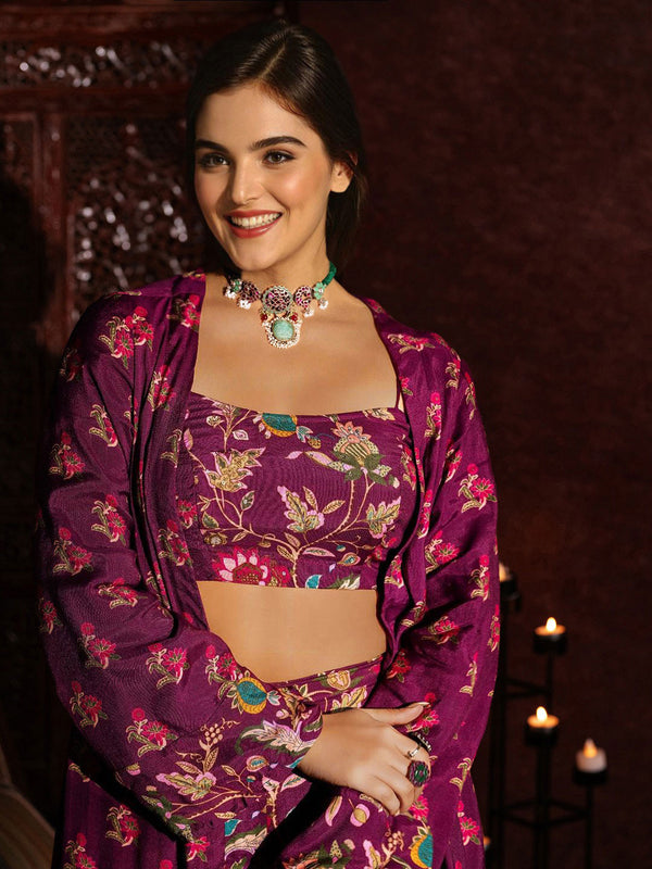 Floral Printed Shoulder Straps Top With Palazzo & Shrug