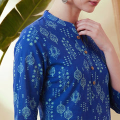 Indigo Blue Ethnic Motif Print Straight Short Kurtis