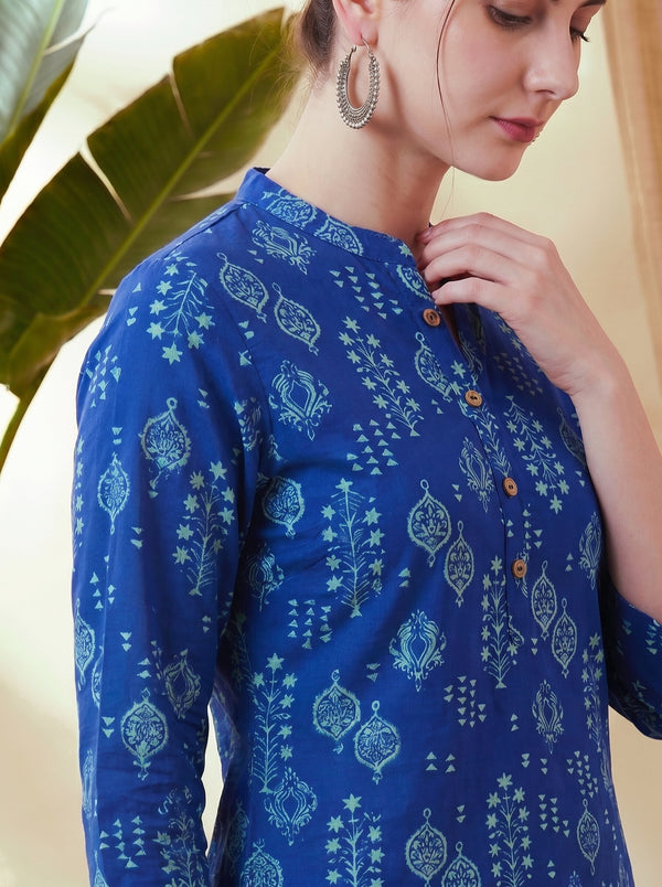 Indigo Blue Ethnic Motif Print Straight Short Kurtis