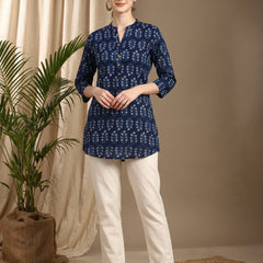 Indigo Blue Ethnic Motif Print Straight Short Kurtis
